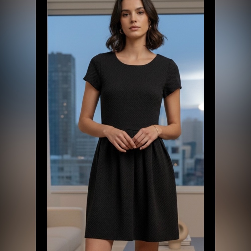 Ganni Anthropologie size S Black Textured Short-Sleeve Fit & Flare Mini Dress